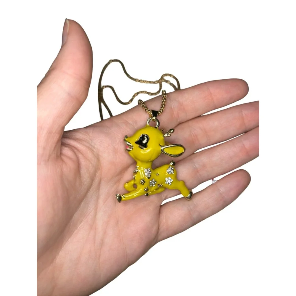 Betsey Johnson Yellow Enamel Deer Fawn Crystal Flower Pendant Necklace Gold Tone
